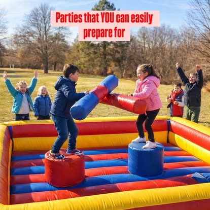 Kids jousting on an inflatable arena at an outdoor party